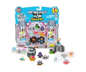 MrBeast Lab Swarms Battle Fusion Series Mega Lab Pack - Comprend 14 Micro bêtes avec piège à Ours Vénus Ultra Rare, Plus de 80 à Collectionner, des Autocollants et des Capuchons de Fusion empilables
