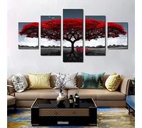 MRCCS Impression sur Toile Cinq Tableaux Consécutifs Décoration De Maison Moderne Peinture 5 Panneaux Abstraits Modulaire Poster avec Cadre 200×100cm Affiche d'arbre Rouge pour La Décoration D'Hôtel