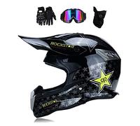 MRDEAR Casque Cross Noir/Rockstar - Motocross Integral avec Goggle Gants Masque pour VTT BMX Off-Road Race Downhill - Doublure Amovible