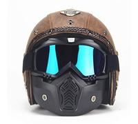 MRDEAR Casque de Moto Vintage Casques Jet Marron Casque Ouvert Scooter Rétro Fait Main Cuir PU Chopper Biker Pilot pour Homme Femme Adulte avec Visière Lunettes Masque, D.O.T Certifié,M