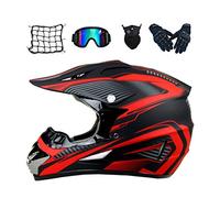 MRDEAR Casque de Motocross avec Lunettes, Gants, Masques, Filet à Elastique (5 Pcs) Casque de Moto Cross Enfant Casque VTT Integral Set Casque de Route Off-Road BMX Cross Road Race,Rouge,S