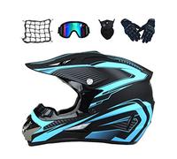 MRDEAR Casque de Motocross avec Lunettes, Gants, Masques, Filet à Elastique (5 Pcs) Casque de Moto Cross Enfant Casque VTT Integral Set Casque de Route Off-Road BMX Cross Road Race,Bleu,M