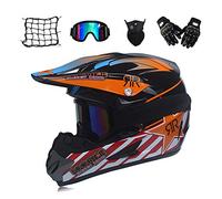 MRDEAR Casque Moto Cross Adulte Casque Motocross Moto Set, Filet à Elastique/ Goggle/Gants/Masque, Casque VTT Integral BMX Enduro pour Femme Homme Enfant, Noir et Orange/ Rockstar,XL