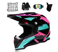 MRDEAR Casques Cross Femme Rose, Casque Motocross avec Goggle/ Gants Moto/ Masque/ Filet à Elastique, Casque VTT Integral Enduro Moto Velo Quad ATV Scooter, Doublure Amovible,S