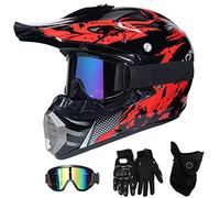 MRDEAR VOMI Motocross Casque Cross Adulte Casques Moto Cross Enfant Accessoire Moto Cross avec Goggle/Gants Moto/Masque, Casque VTT Integral BMX Velo Quad Enduro ATV Scooter, Noir et Rouge,S