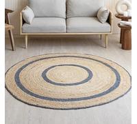 Mrida Weave Tapis de sol rond tressé à la main en jute naturelle respectueuse de l'environnement, tapis de sol, tapis de table centrale, bleu marine et beige, rond, 1,2 m