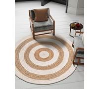 Mrida Weave Tapis rond en jute naturelle tissé à la main de 0,9 m, blanc et naturel, décoration bohème, durable et respectueux des animaux domestiques, idéal pour le salon, la salle à manger et la