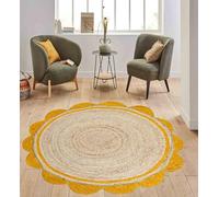 Mrida Weave Tapis rond festonné en jute naturelle, 0,9 m, jaune et naturel, tapis tressé à la main, respectueux de l'environnement et durable, décoration style rustique bohème pour salon, chambre à