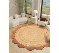 Mrida Weave Tapis rond festonné en jute naturelle, 0,9 m, orange et naturel - Tapis tressé à la main - Décoration rustique bohème respectueuse de l'environnement, durable et respectueux des animaux