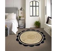 Mrida Weave Tapis rond festonné en jute naturelle, noir et naturel, tapis tressé à la main, respectueux de l'environnement et durable, décoration rustique bohème pour salon, chambre à coucher ou