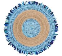 Mrida Weave Tapis rond indien en jute naturelle tressé à la main avec coton bleu ciel (2,4 m), pour salon, chambre à coucher, salle à manger