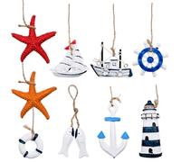 Mritrit Lot de 9 Petits Pendentifs Maritimes en Bois (Étoile de Mer/Ancre/Phare/Bateau) pour Filet de Pêche, Salle de Bain & Mur, Décoration Nautique Plage Ancre Suspendue