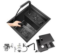 MRKU Évier de Cuisine Noir, à Poser ou à encastrer, cuve dissimulée avec Cache, idéal pour Bar ou Camping-Car, en Acier Inoxydable 304.