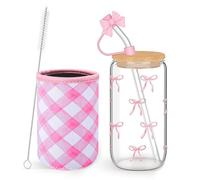 Mrltau 16 Oz Verre Décoratif avec Ruban Rose, Couvercle, Paille et Manchon, Tasse Esthétique pour Fille, Cadeau pour Femmes, Indispensable de l'Été pour Adolescentes