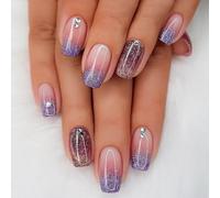 Mrltau 24 pièces Ongles Press On étincelants Ombré courts, Dégradé violet & lilas scintillant avec strass, Ongles en acrylique à coller faux ongles courts pour femmes