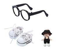 Mrltau Intellektueller Stil Puppen Kleidung Zubehör-Set : Lunettes Rondes Noires & Baskets Classiques pour poupée en Vinyle de 15/17 cm, Look décontracté de l'érudit (Blanc)