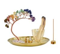 MrMrKura Brûleur d'encens 5 en 1, Porte-encens en forme d'arbre avec cristaux des 7 chakras, Porte-encens Palo Santo, Porte-encens en laiton pour bâtonnets d'encens, Récupérateur de cendres pour Yoga