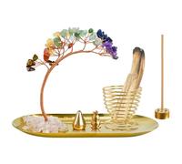 MrMrKura Brûleur d'encens 5 en 1, Porte-encens en forme d'arbre de cristal des 7 chakras, Porte-encens Palo Santo, Brûleur de sauge pour bâtonnets d'encens, Récupérateur de cendres en laiton pour yoga