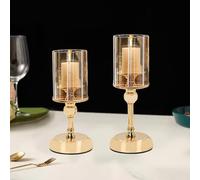 MrMrKura Lot de 2 bougeoirs dorés pour centre de table - Décoration pour bougies pilier - Grand bougeoir avec couvercle en verre pour intérieur et extérieur (M + S)