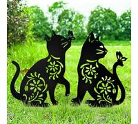MrMrKura Lot de 2 piquets en métal pour décoration de jardin, statue de chat noir pour extérieur, jardin, maison, terrasse, cour (2 chats)