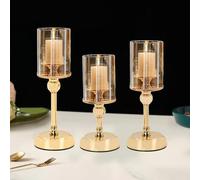 MrMrKura Lot de 3 bougeoirs dorés pour centre de table, bougies piliers, grands bougeoirs avec couvercle en verre pour décoration intérieure et extérieure (L + M + S)