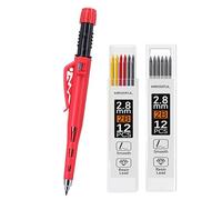 MROOFUL Porte-mine de charpentier 2,8 mm à pointe longue et robuste, taille-crayon intégré, capuchon de protection, 12 mines noires, crayon de marquage à trous profonds (rouge)