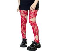 Mrotrida Collants en résille déchirés pour femme avec trou irrégulier vieilli en maille Y2k en dentelle transparente, Rouge, taille unique