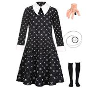Mrsclaus C003L - Costume d'Halloween pour enfant - Robe avec chaussettes hautes - Col Peter Pan - Noir - Pour fille - Costume de carnaval - Pour fille