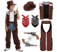 Mrsclaus Costume de cowboy pour enfant - Deluxe Western - Avec accessoires - Gilet de cowboy - Chapeau - Bandana - Costume d'anniversaire (11-12 ans/140) C046-XL