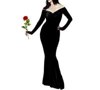 Mrsclaus Costume d'Halloween pour femme Morticia Addams - Gothique vintage - Robe sexy de sorcière Addams Family Wednesday - Robe de cocktail - Longueur cheville - Noir - C001XL