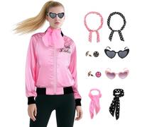 Mrsclaus Pink Ladies C031M Costume pour femme années 50 avec veste et legging noir, lunettes, boucles d'oreilles Rock'n Roll Grease Musical Halloween Costume de carnaval