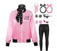 Mrsclaus Pink Ladies C031XXL Tenue des années 50 pour femme avec veste et leggings noirs, lunettes, boucles d'oreilles Rock'n Roll Grease Musical Halloween Costume de fête