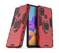 MRSTER Coque pour Samsung Galaxy A21s, Double Couche Renforcée Défense Antichoc Armure Housse Etui avec 360 Rotation Bague Support pour Samsung Galaxy A21s. HB Red