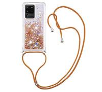 MRSTER Lanyard Housse pour Samsung S20 Ultra Coque, Bling Liquide Paillette Silicone Antichoc Kawaii Etui Housse avec Cordage Lanyard Case pour Samsung Galaxy S20 Ultra. LP Love Gold