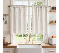 MRTREES Rideau Cuisine sans Perçage Effet Lin Ivoire Blanc, Rideaux Cuisine Brise Bise sous Évier Meuble Bas Placard 60x90 cm (LxH), 2 Pièces Voilage Semi-Transparent Passe Tringle Court