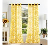 MRTREES Rideaux Voilage Jaune Transparent Grande Hauteur 140x260 CM pour Salon Moderne, Rideau en Voile Motif Imprimé Feuilles Voilages Intérieurs à Oeillets Décoration Chambre, 2 Pièces