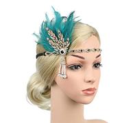 MRVAKDYDI Chapeau bibi en dentelle et plumes pour femme, bandeau garçonne des années 1920, bandeau à plumes, bandeau avec feuilles et perles, accessoires de cheveux pour femme (turquoise GN, taille