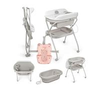 MS BabyWorld Bubble + Réducteur - Baignoire ergonomique pour bébé avec pieds et matelas à langer imperméable et rembourré | Fermeture compacte, organiseur, 4 roulettes avec freins (Gris/Rose)