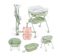 MS BabyWorld Bubble + Réducteur - Baignoire ergonomique pour bébé avec pieds et matelas à langer imperméable et rembourré | Fermeture compacte, organiseur, 4 roulettes avec freins (Vert/Rose)