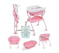 MS BabyWorld Bubble + Réducteur - Baignoire ergonomique pour bébé avec pieds et matelas à langer imperméable et rembourré | Fermeture compacte, organiseur, 4 roulettes avec freins (Rose/Bleu)