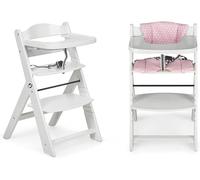 Ms BabyWorld - Chaise Haute Full en bois | Évolutive | Réglable en hauteur | Repose-pieds | Plateau Amovible | Convertible et Sécurisée | Harnais à 5 Points | Style Nordique (Blanc/Rose)