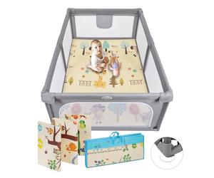 MS BabyWorld - PARC XL + TAPIS TRENDY - Tapis de Jeu pour Bébé (180x120 cm) Réversible | Très Rembourré (1 cm d’Épaisseur) | Pliable avec Sac de Transport
