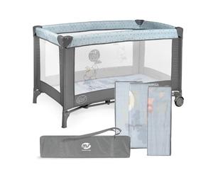 ms Innovations Lit de Voyage 120 x 60 cm pour bébé, avec Matelas et Sac de Transport, de 0 Mois à 15 kg, Pliable et Facile à Monter. Il est léger et Stable - Bleu/Gris.