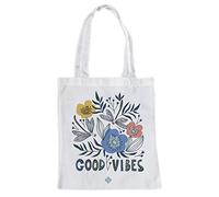 ms móvil shop Sac en tissu blanc avec longues anses 33 x 36 cm Fleurs Good Vibes | Tote Bag Phrases, blanc