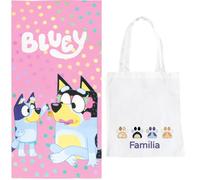 ms móvil shop Serviette pour enfant Bluey et Bandit 70 x 140 cm en microfibre avec fond rose à pois + sac de plage | Cadeau pour enfants été et vacances | Produit officiel Ludo BBC Studios 100