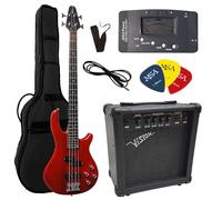 MSA basse electrique rouge transparent, SET Ensemble avec amplificateur 30 watts, sac, cordes, plectre, tuner