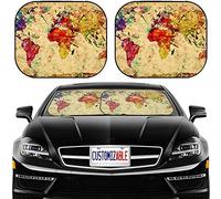MSD Lot de 2 pare-soleil universels pour pare-brise de voiture - Bloque l'éblouissement, les UV et la chaleur - Protection de l'intérieur de la voiture - Image : carte du monde vintage colorée - Aquarelle - Style rétro - Expression sur Grunge