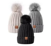 MSDC Bonnet Femme avec Pompon 3 Pièces Bonnet Femme Hiver Tendance Tricoté Chaud Bonnet Tête de Mort Bonnet Femme pour Temps Froid, Noir + beige + gris, taille unique