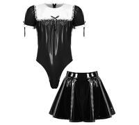 MSemis 2pcs Homme Déguisement Soubrette Sissy Robe de Chambre Satin Kimono Sissy Lingerie Travesti Dentelle Bodysuit et Jupe Courte Tenue Servante M-3XL Noir C XXL