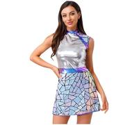 MSemis Déguisement Alien Femme Robe Alien Astronaute Carnaval Cosplay Costume Halloween Combinaison de Cadet Spatiale Mini Robe Clubwear S-XXL Argenté S